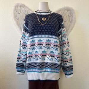 Kidcore 80s Retro Vintage Floral Fair Isle Knit Sweater Multi Color Sparkly Cute